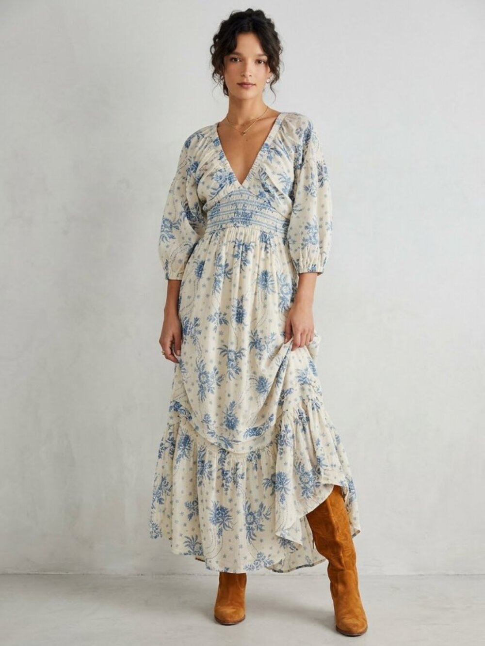 Free People Golden Hour Maxi Dress Blue Cream Toile Smocking Pockets L